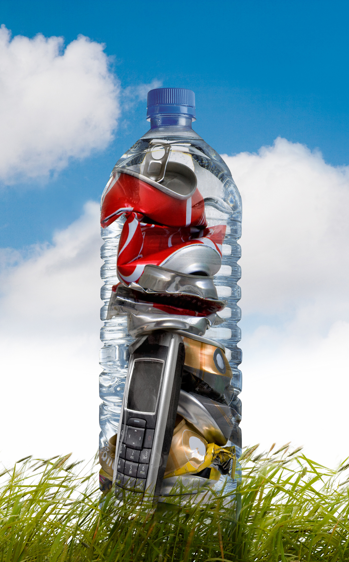 image of recycled devices in a water bottle.