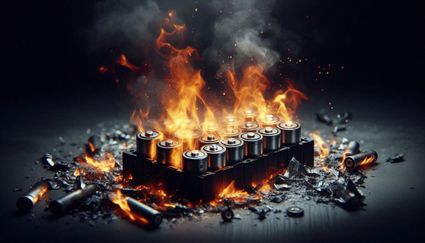 A group of batteries engulfed in flames, emitting smoke and surrounded by scattered debris and melted metal, illustrating a dangerous battery fire scenario.